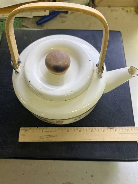 Vintage Enamel Tea Pot Kettle Wood Handle