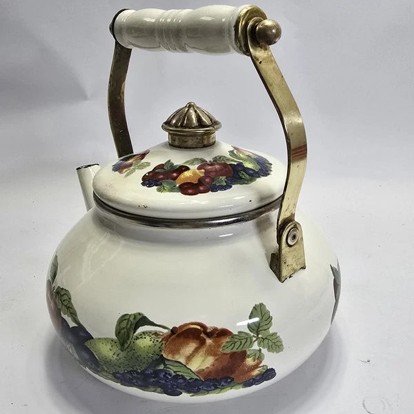 Vintage Enamel Teapot White with Fruit Design Brass Handle Farmhouse Kitchen.