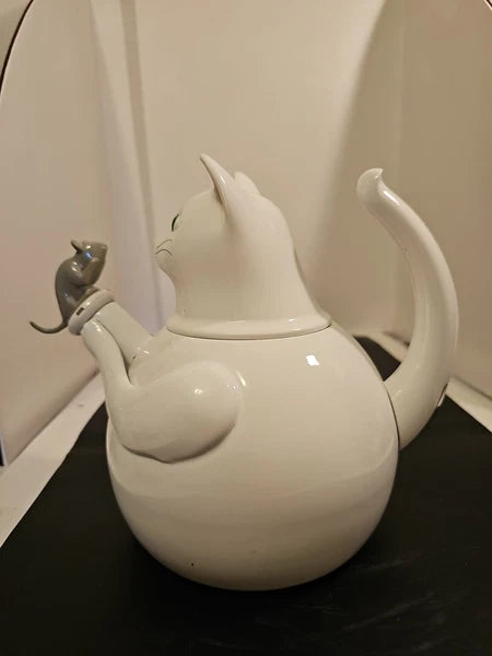 Vintage  Copco White Cat & Gray Mouse Enamelware 2 ½ QT Tea Kettle