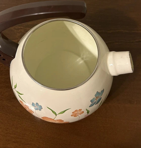 Vintage Enamelware Teapot Stovetop Whistling Kettle 2 Qt White Floral Tea Pot