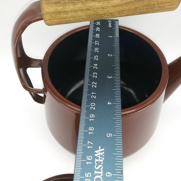 Vintage 1960s Brown Enamel Metalware Teapot Wood Handle camping 7"T X 6.5"L