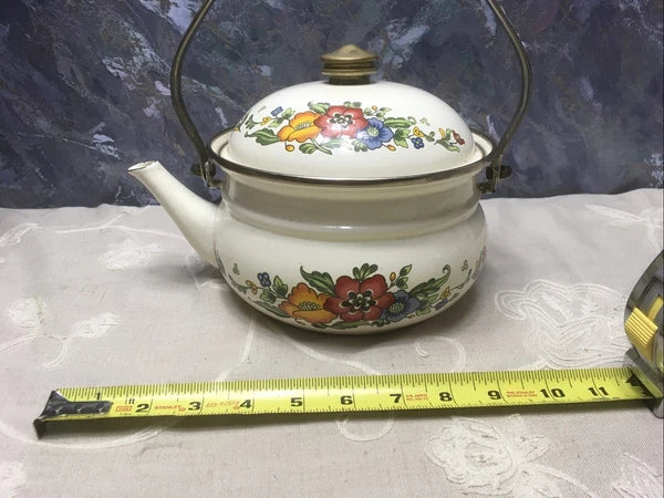 VGT White Enamelware Metal Tea Kettle / Teapot w/ Wooden Handle, Floral Design