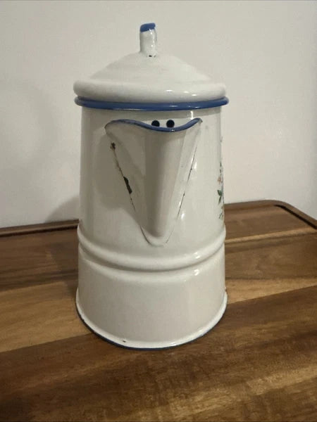 VINTAGE CINSA SALTILLO WHITE w/FLOWERS ENAMELWARE COFFEE/ TEA POT