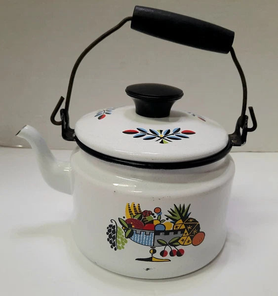 Vintage Enamelware Teapot Tea Kettle w/ Lid Porcelain Metal Fruit Kitchen Stove