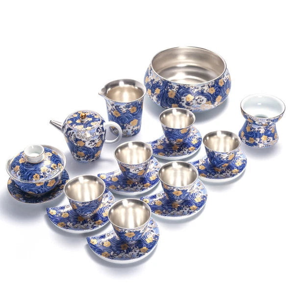 Pure Silver Tea Set Health Care Jingdezhen Color Enamel Porcelain Gaiwan Pot Cup
