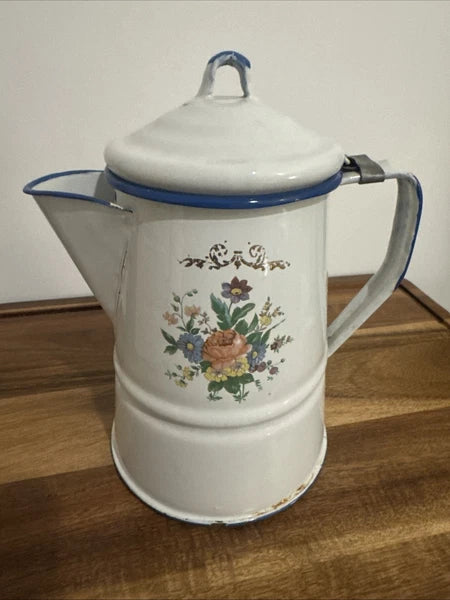 VINTAGE CINSA SALTILLO WHITE w/FLOWERS ENAMELWARE COFFEE/ TEA POT