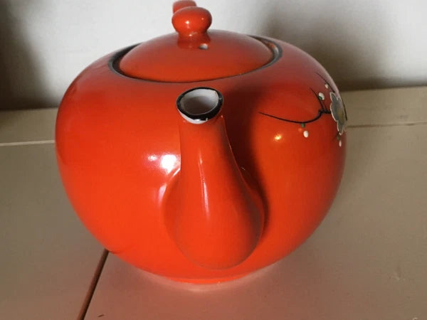 Vintage Bright Orange Enamel Floral Porcelain Japan Tea Pot Hand Painted