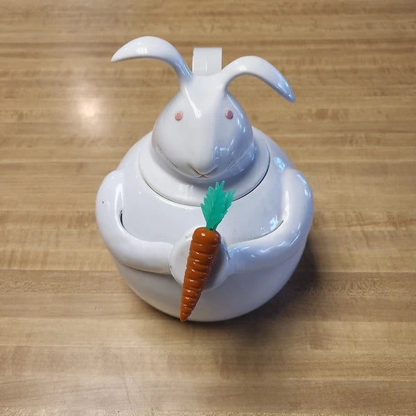 Vintage Copco Enamel Teapot Figural Mr Rabbit Bunny Carrot Whistling Tea Kettle