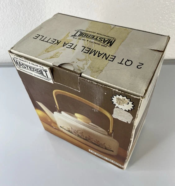 Vintage 2qt Enamel Tea Kettle With Flowers & Wood Handle New