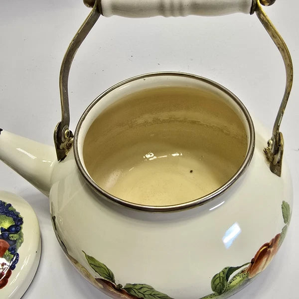Vintage Enamel Teapot White with Fruit Design Brass Handle Farmhouse Kitchen.