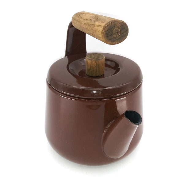 Vintage 1960s Brown Enamel Metalware Teapot Wood Handle camping 7"T X 6.5"L