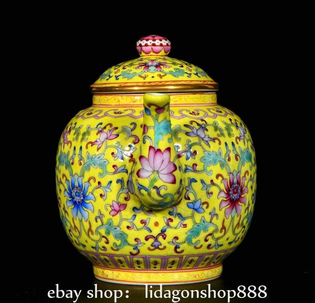 6.8" Qing Yongzheng Marked Enamel Porcelain Flower Leaf Pattern Wine Tea Pot