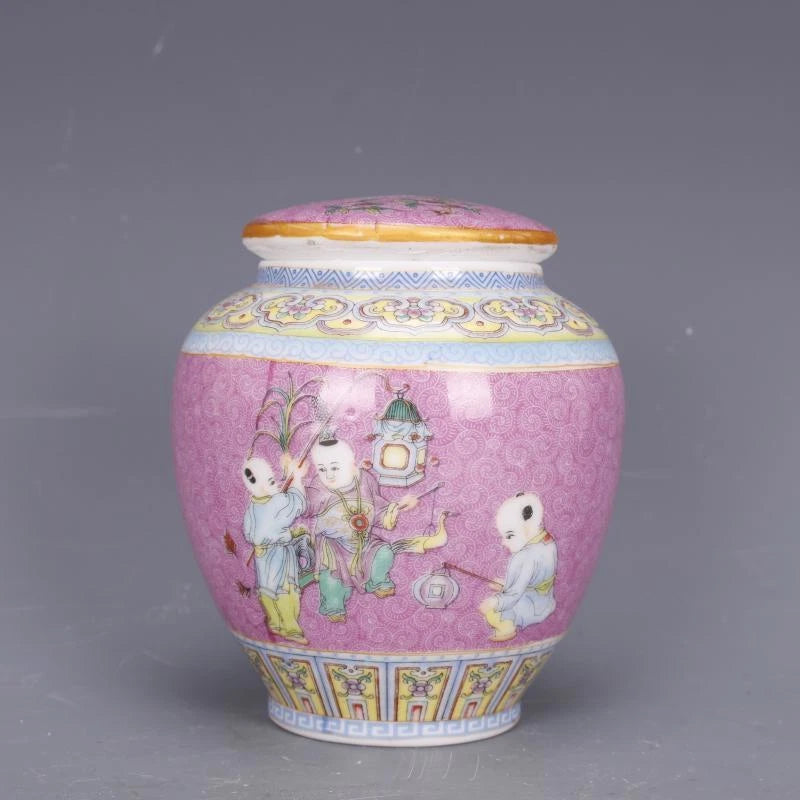 4.3" Collect Chinese Qing Colour Enamels Porcelain Child Have Fun Caddy Tea Pot