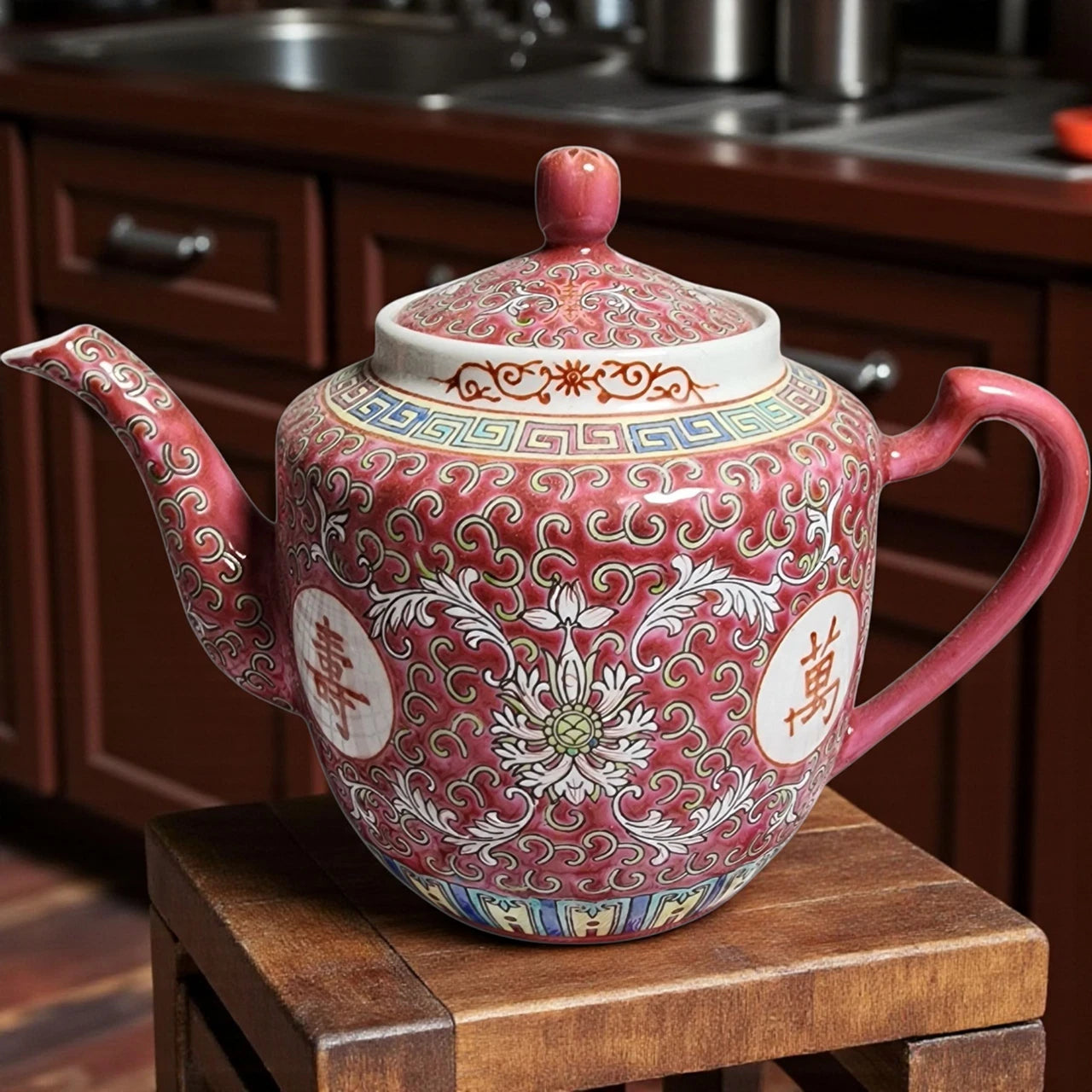 Vintage Chinese Porcelain Teapot Red & White Longevity Symbols Floral Lotus Desi