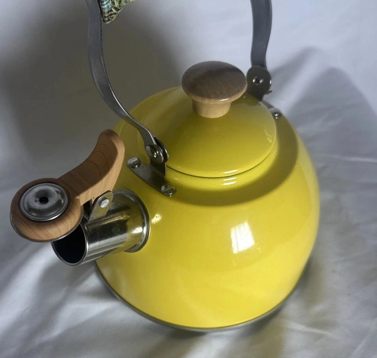 VTG Yellow Enamel w/ Wood & Chrome Detail Tea Kettle with handmade handle cozy