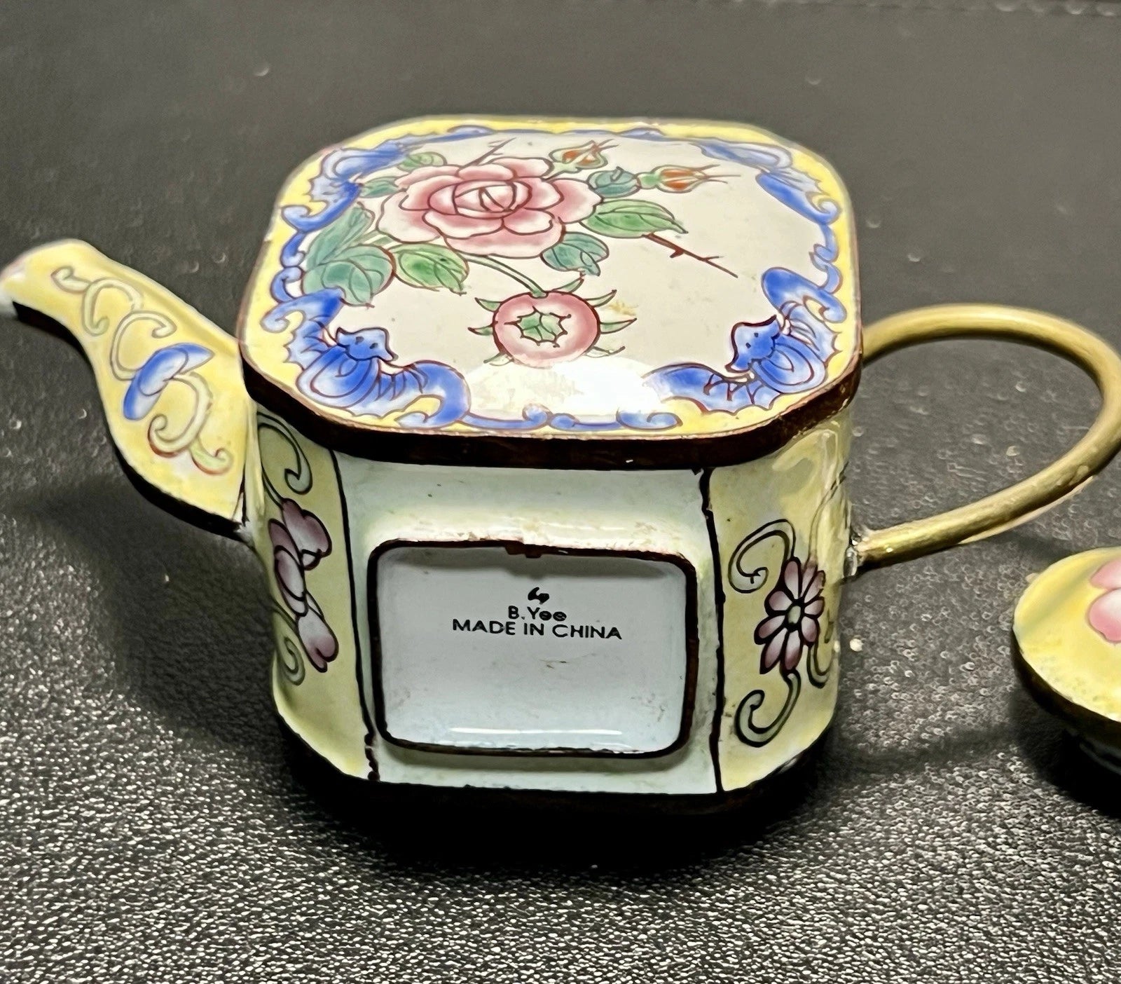 Chinemel 1990s B. Yee Miniature Teapot Copper & Painted Flowers, 3.75x3"