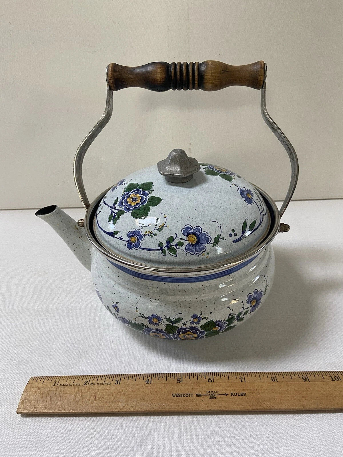 Vtg ASTA Enamel Cookware Tea Pot Kettle Wood Handle Blue Green Floral Speckled | eBay