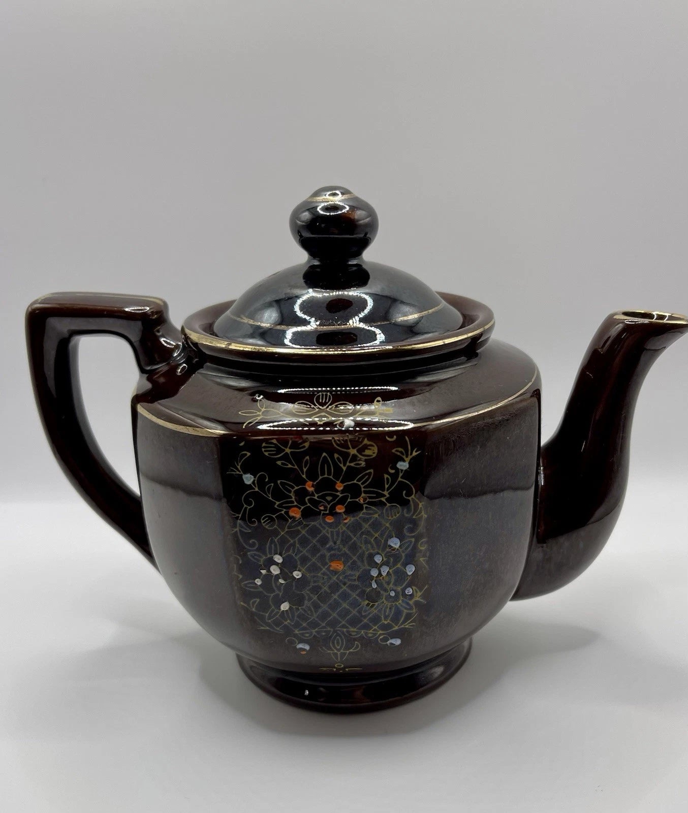 Vintage Brown Betty Redware Teapot Moriage Enamel Hand Painted Japan GUC MCM