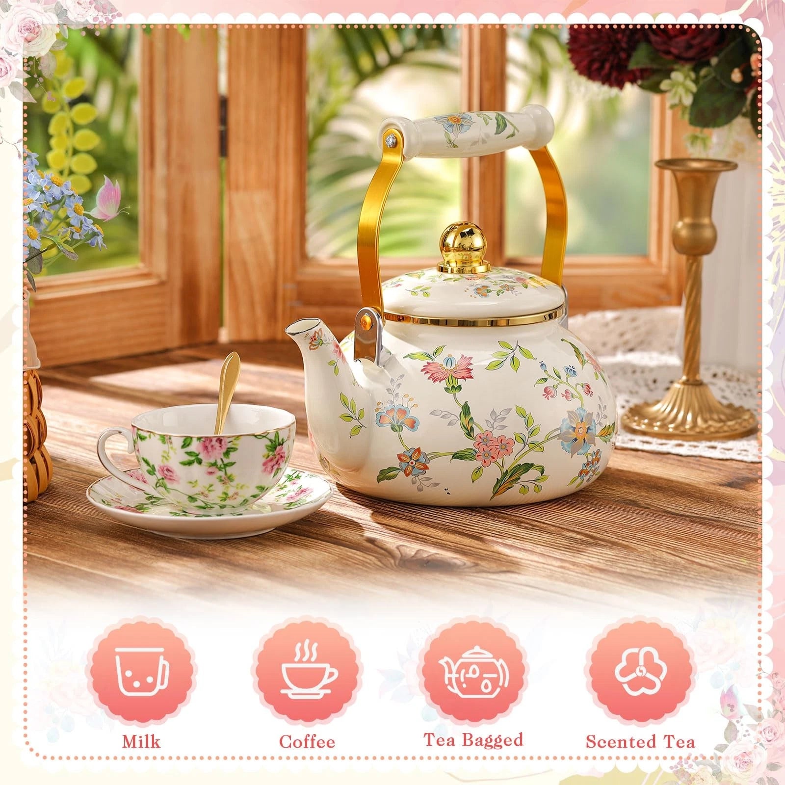 2.6 Quart Vintage Enamel Tea Kettle, Cups and Saucers Set with Spoon, Vintage...