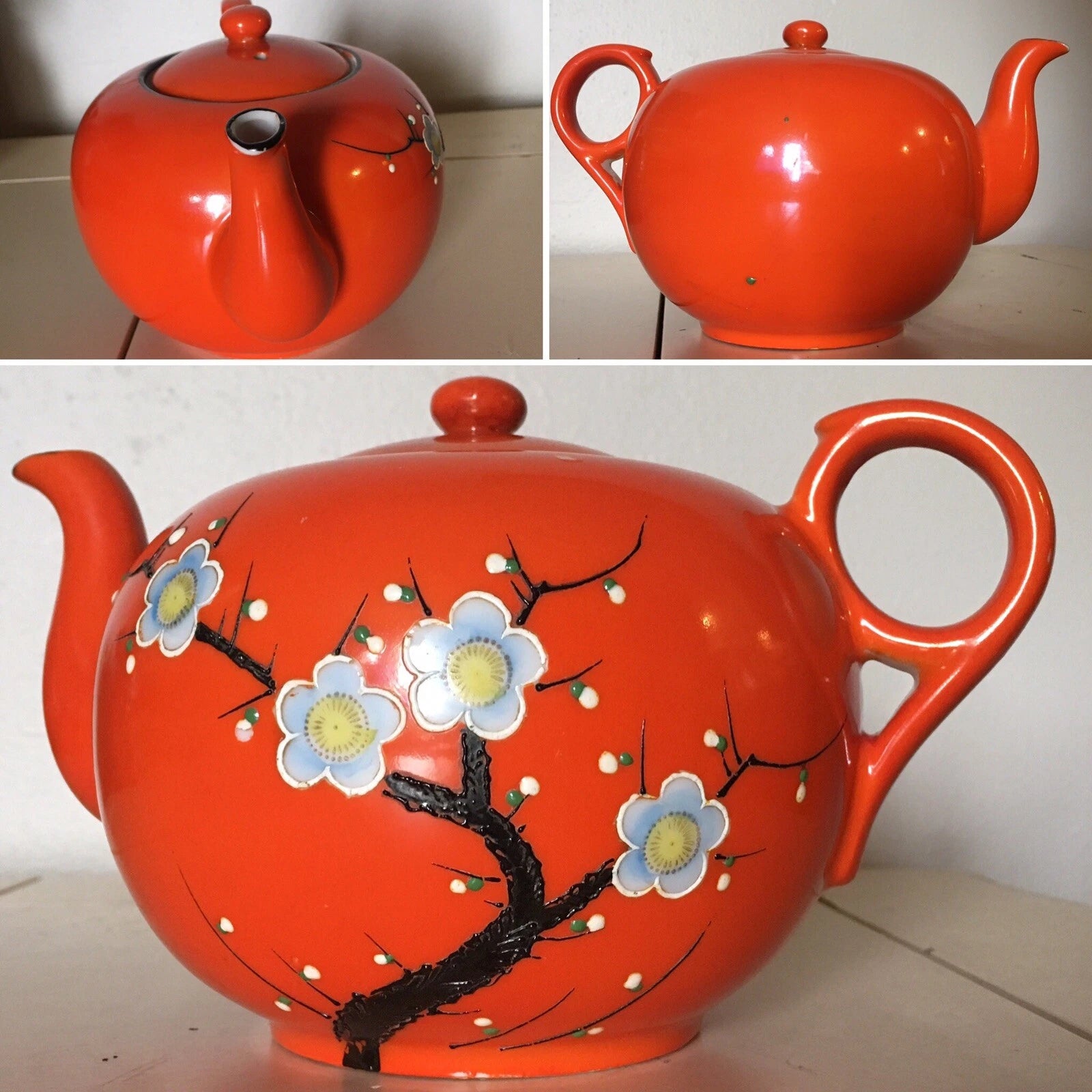 Vintage Bright Orange Enamel Floral Porcelain Japan Tea Pot Hand Painted
