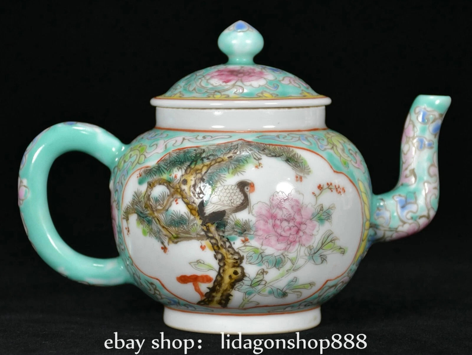 6.8" Jiagqing Marked Enamel Porcelain Pine Tree Crane Flower Pattern Wine Teapot