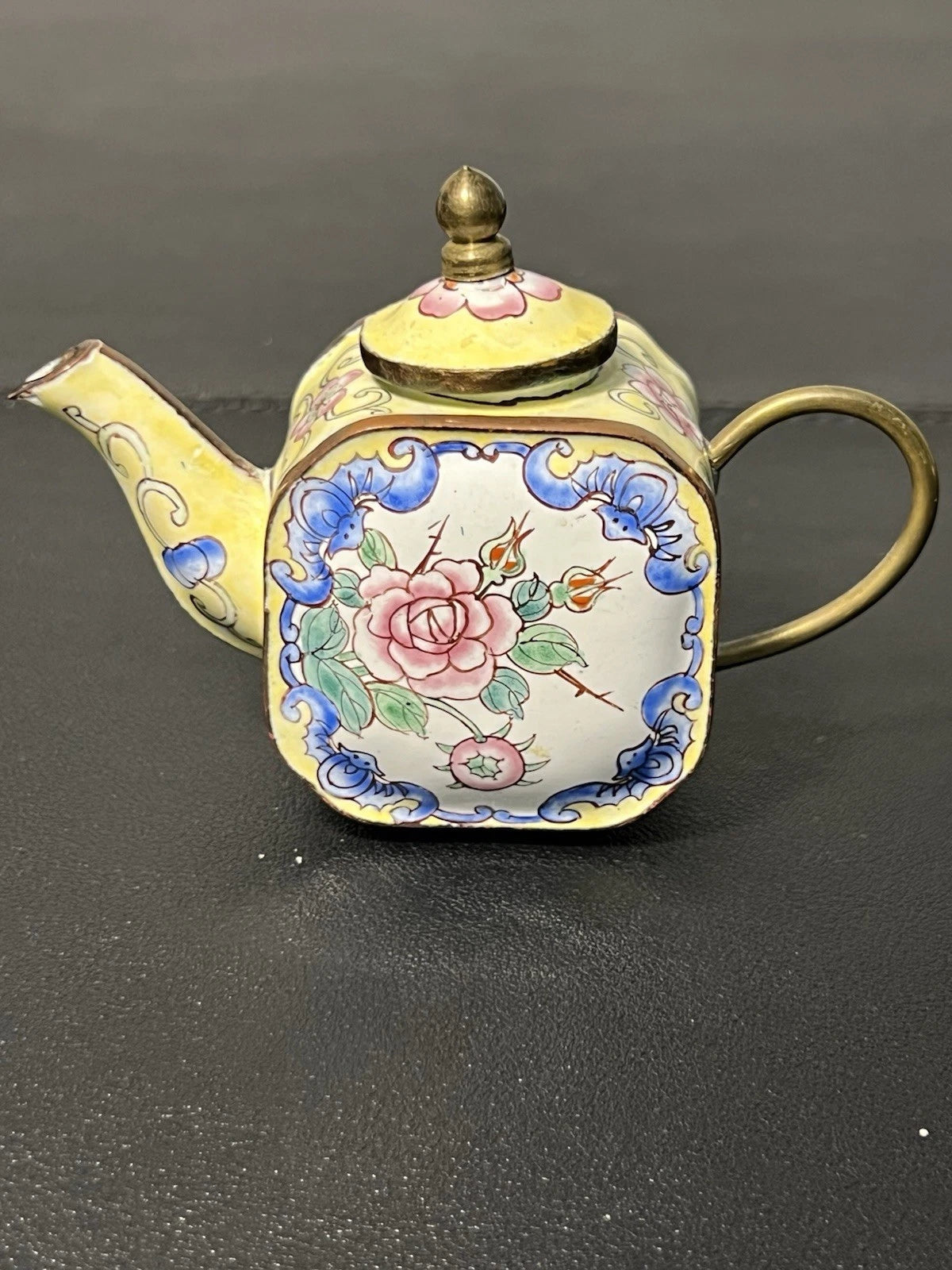 Chinemel 1990s B. Yee Miniature Teapot Copper & Painted Flowers, 3.75x3"