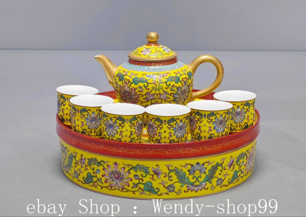8.6" YongZheng Colour Enamel Porcelain Gilt  Flower Pattern Teapot Cup Dish Set