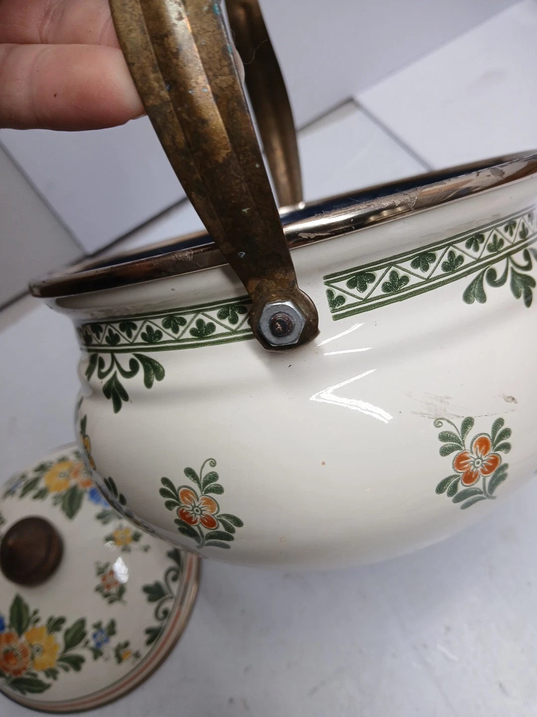 1960’s ASTA Enamelware Teapot Brass Handles Floral West Germany