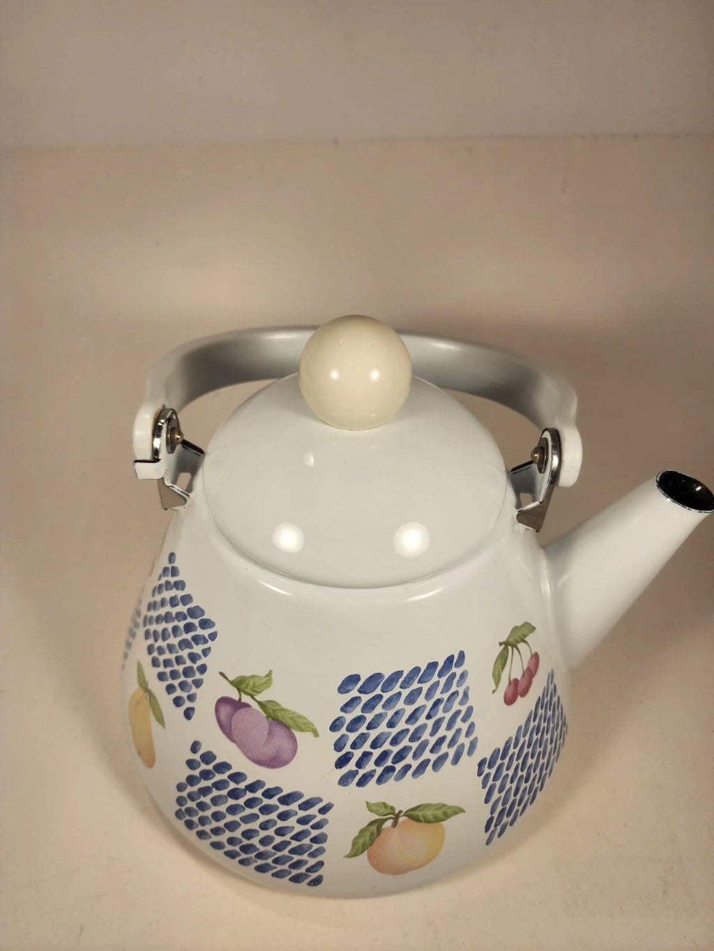 White Enamel Teapot Fruit Pear Cherries Plum Peach Blue 2 Qt Decorative Tea Pot