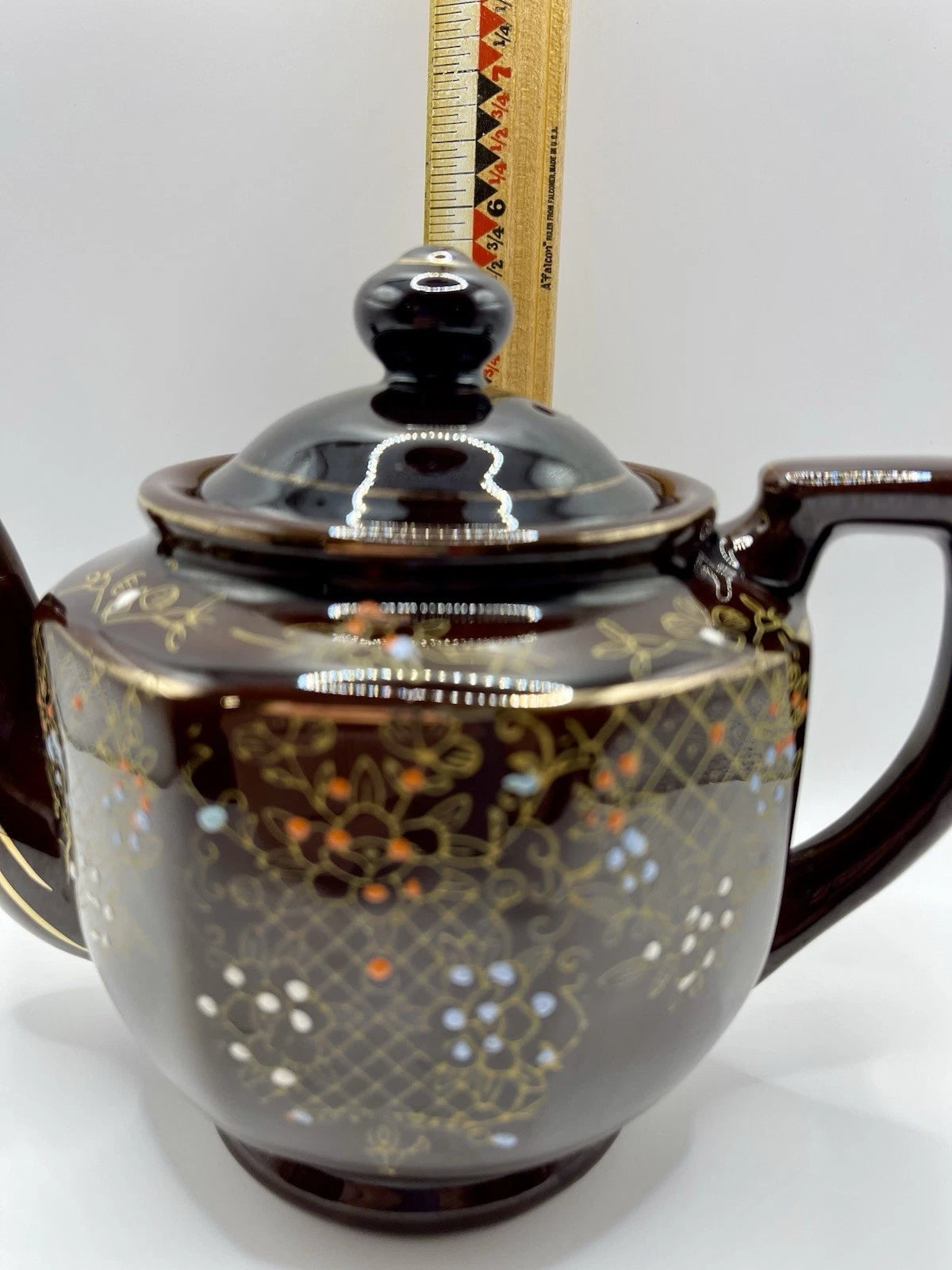 Vintage Brown Betty Redware Teapot Moriage Enamel Hand Painted Japan GUC MCM