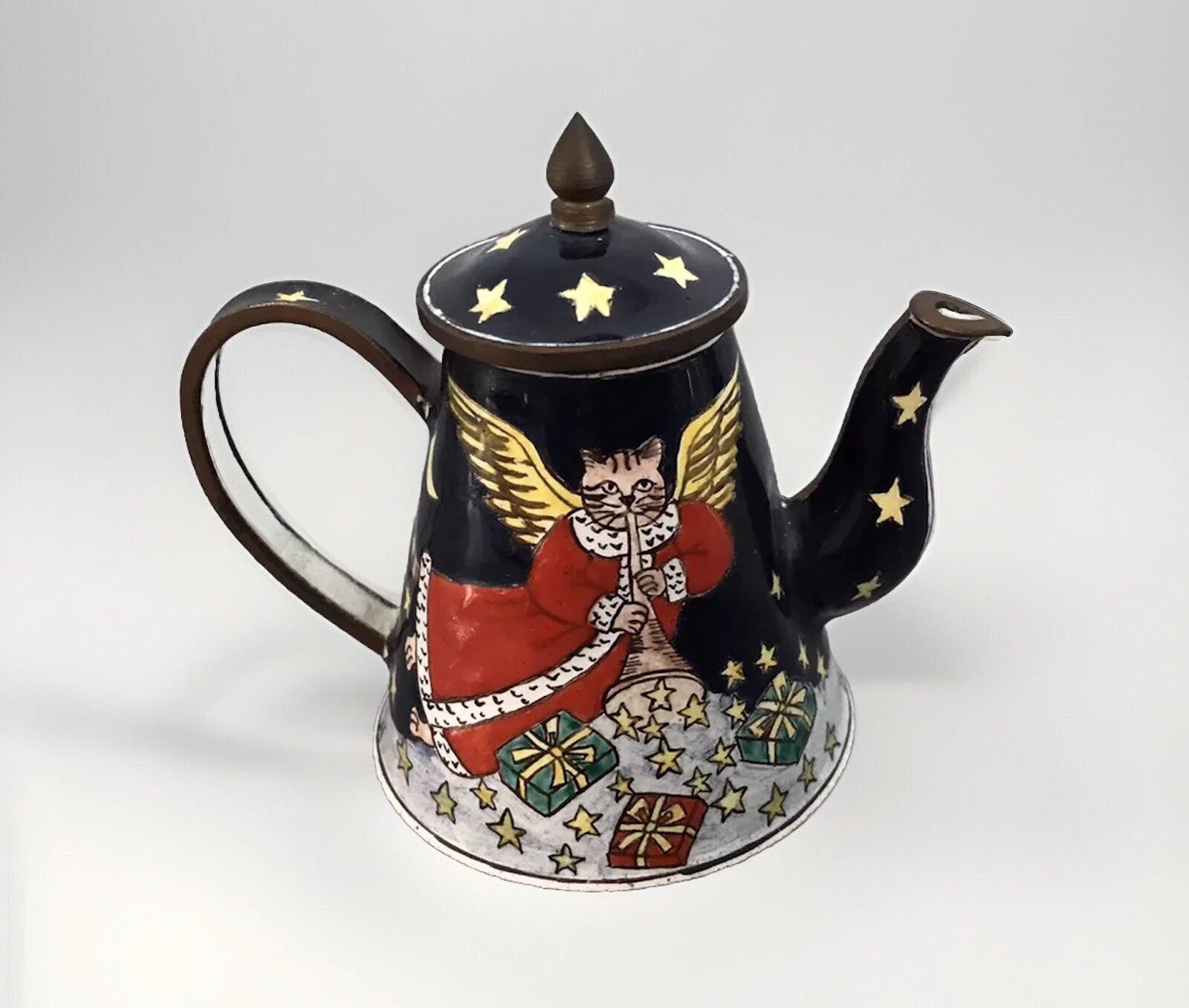 Vtg Hand Painted Enamel on Copper Miniature Teapot Cat Angel Flying Among Stars | eBay