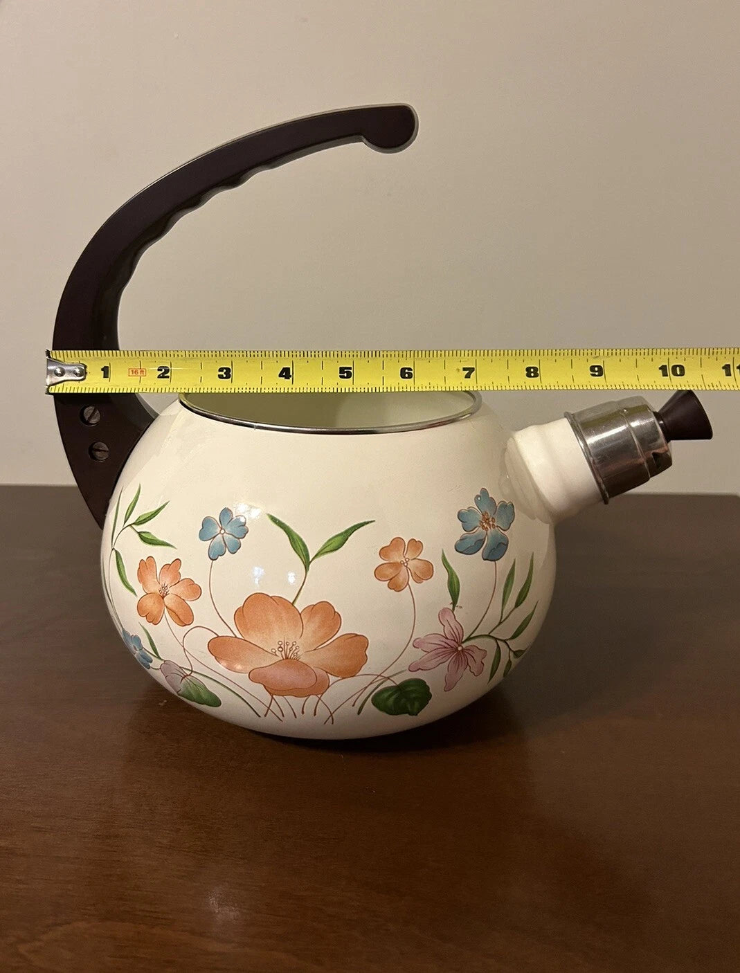 Vintage Enamelware Teapot Stovetop Whistling Kettle 2 Qt White Floral Tea Pot