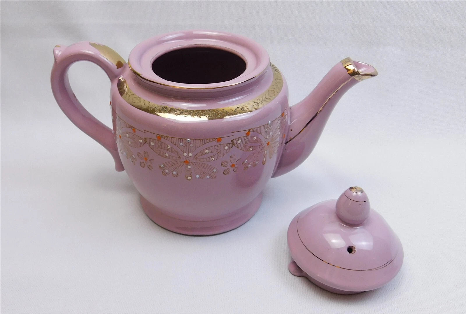 Vtg Pink Gold Glazed REDWARE Teapot Butterfly Enamel Moriage Hand Painted 7"
