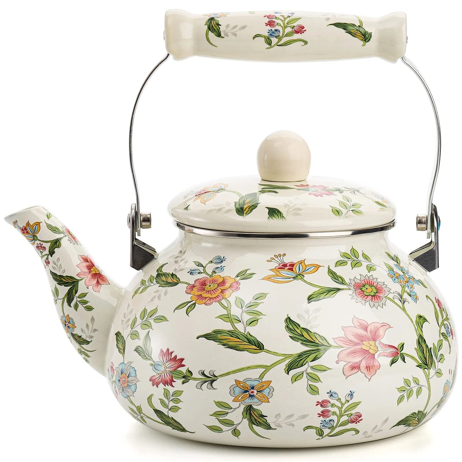 2.6 Quart Vintage Enamel Tea Kettle, Green Floral Enamel on Steel Teapot with... | eBay
