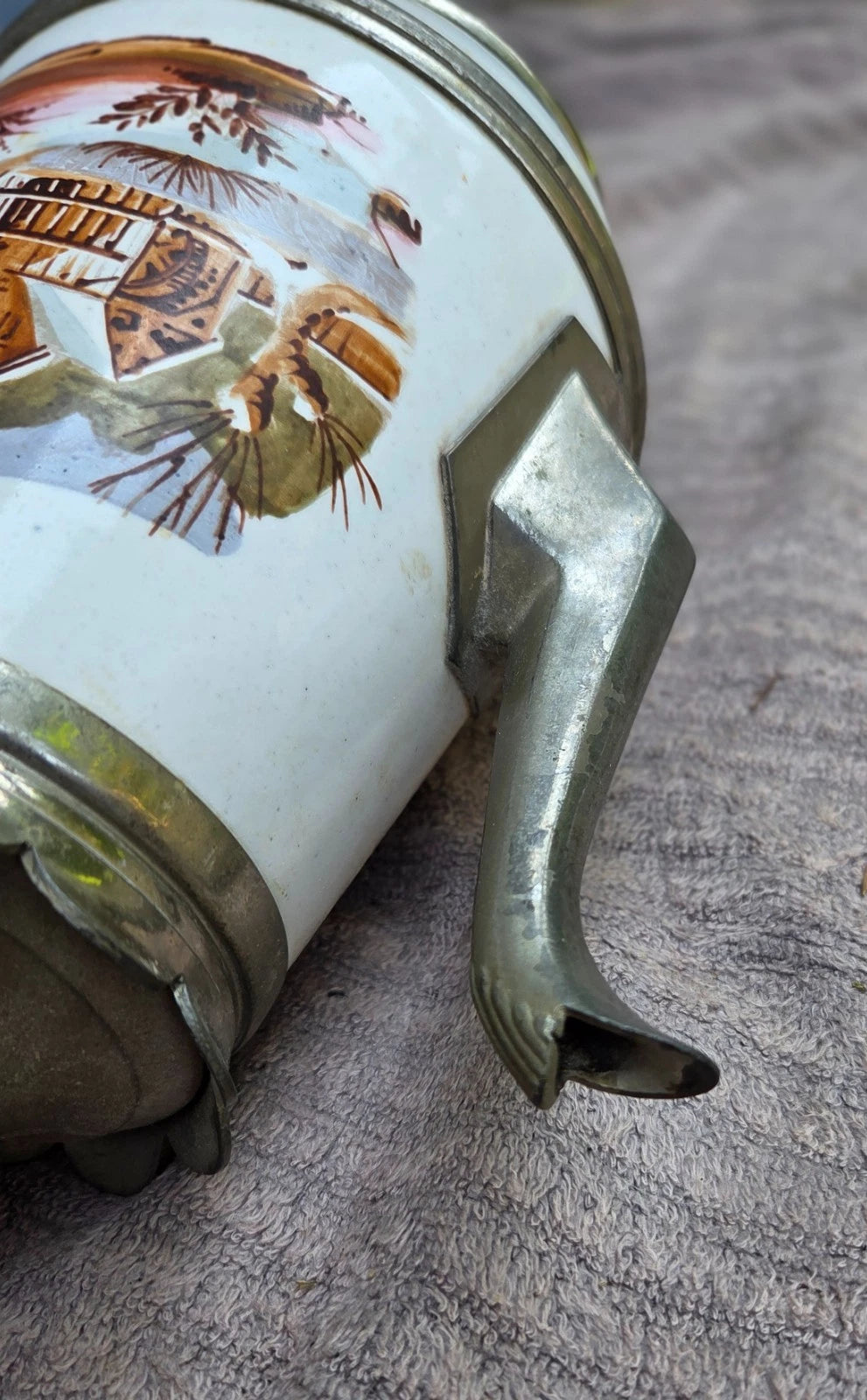 Vintage / Antique Victorian Hand Painted Enamel & Pewter Teapot
