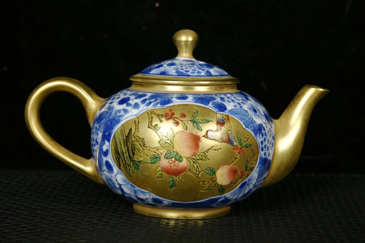 5.5" Antique dynasty Porcelain qianlong mark colour enamels flowers bird Teapot