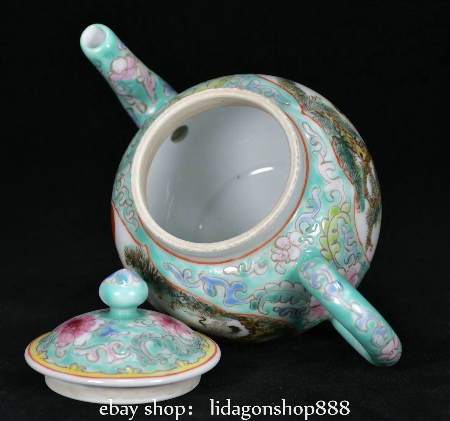 6.8" Jiagqing Marked Enamel Porcelain Pine Tree Crane Flower Pattern Wine Teapot