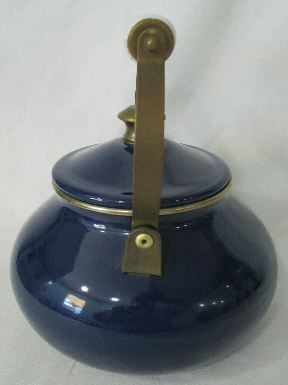 Cobalt Blue Enamel Brass White Porcelain Vintage Tea Kettle w/Lid GUC No Whistle