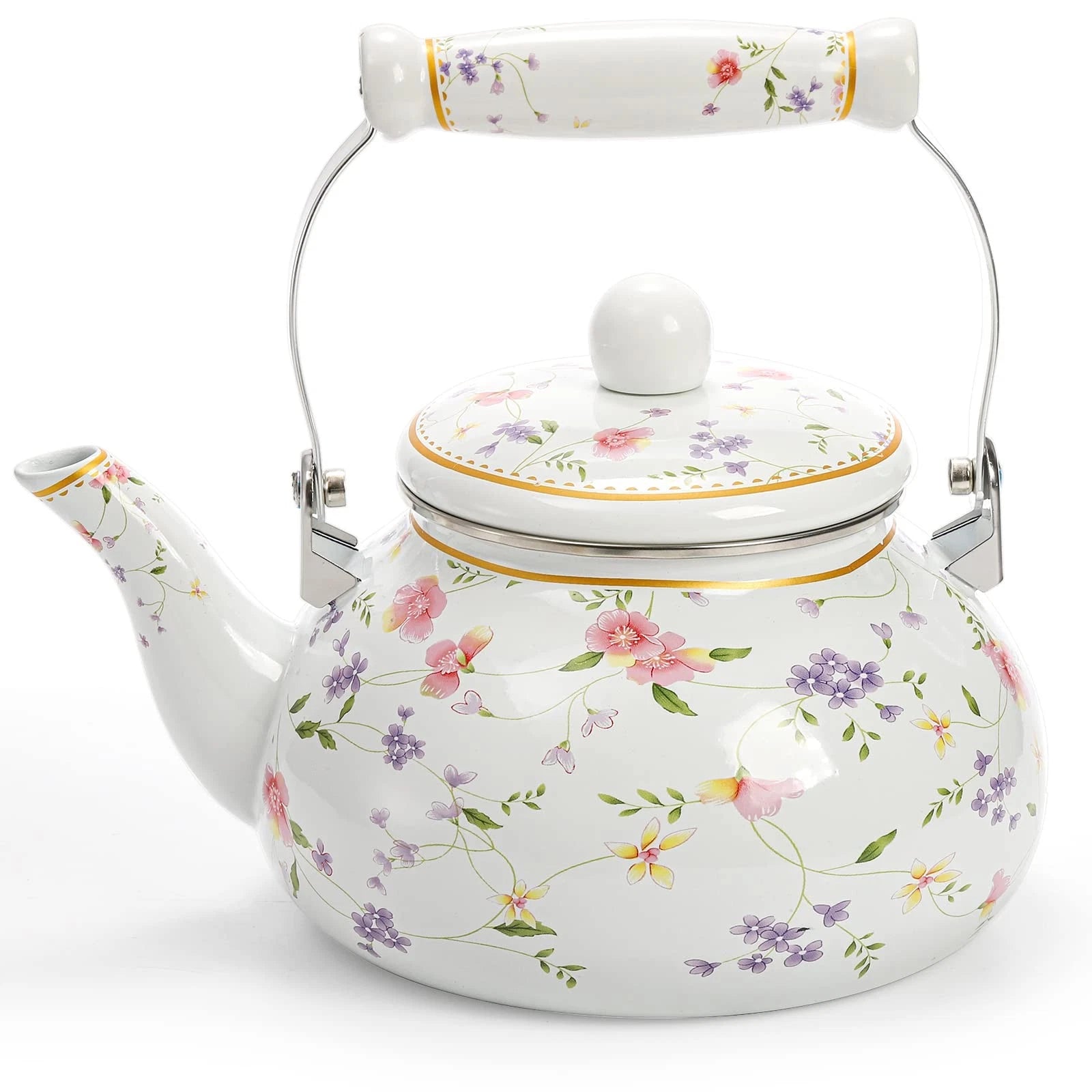 Vintage Enamel Tea Kettle, 2.6 Quart Floral Enamel Water Kettle Teapot with P...