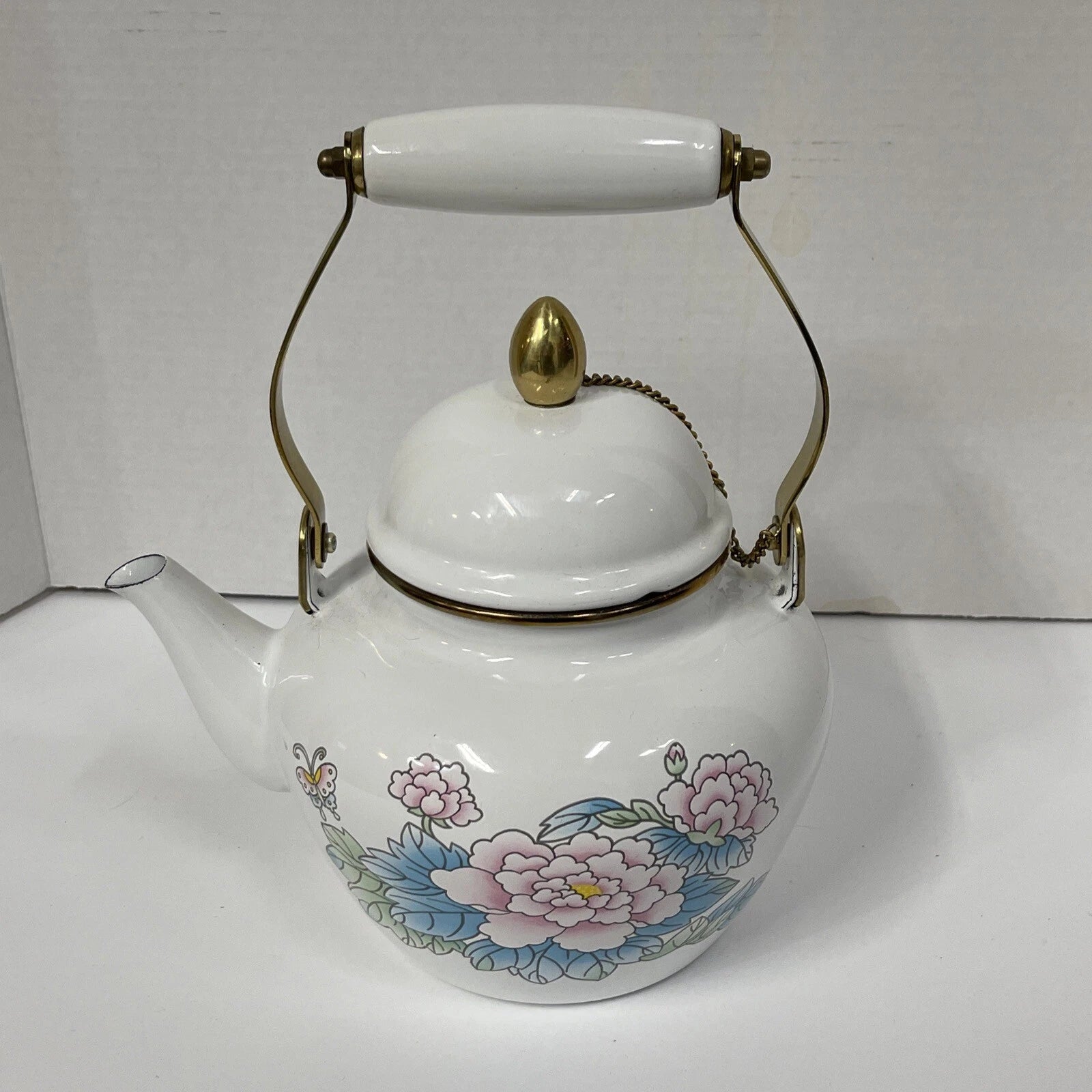 Vintage Tea Kettle Pot Enamel Porcelain Poppies National Housewares 1988 Brass