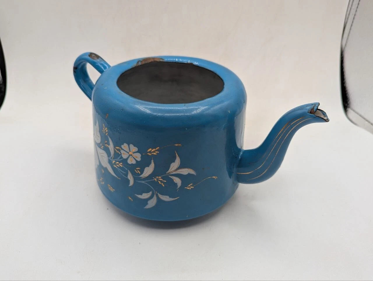 1930s Vintage Blue Enamel Teapot White Floral Rustic Shabby Chic No Lid ON18