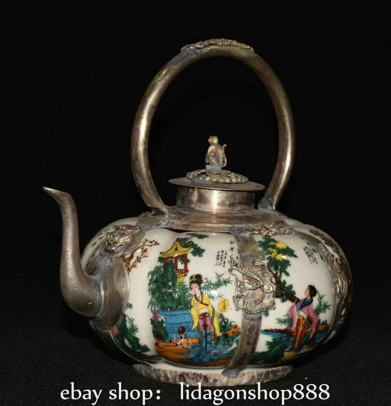 6.8" Old Chinese Silver Enamel Porcelain Beauty Belle Portable Kettle Teapot
