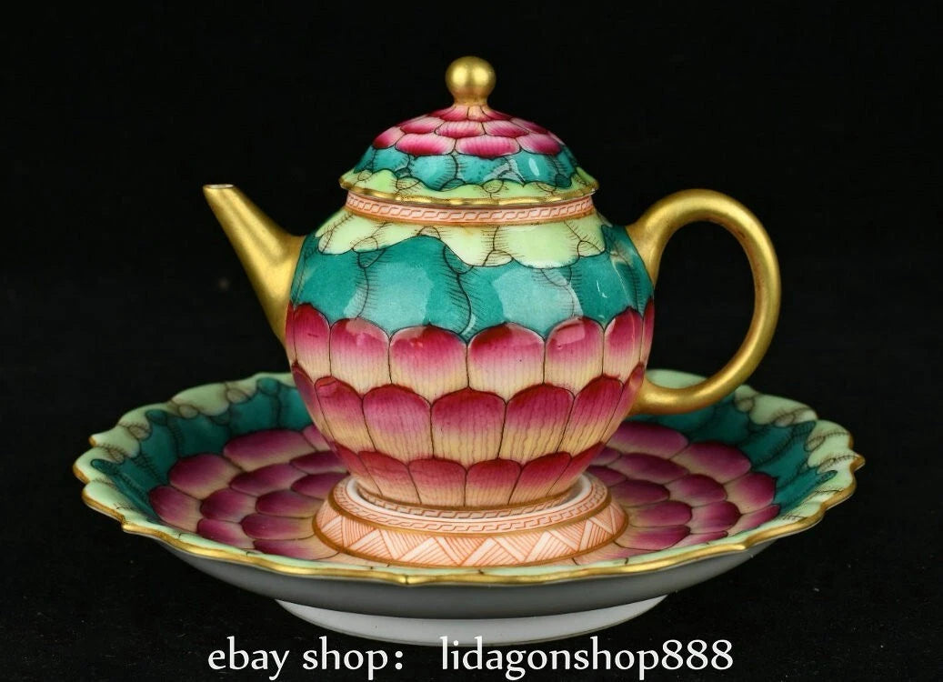 6.2" Qianlong Marked Enamel Porcelain Gilt Lotus Flower Pattern Teapot Plate Set