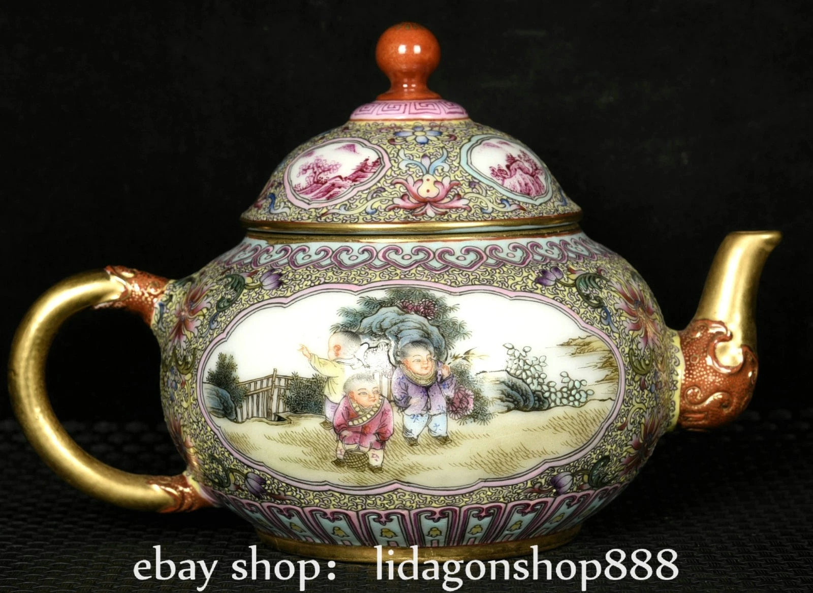 6.8"Qianlong Marked Enamel Porcelain Gilt Flower Human Child Pattern Wine Teapot