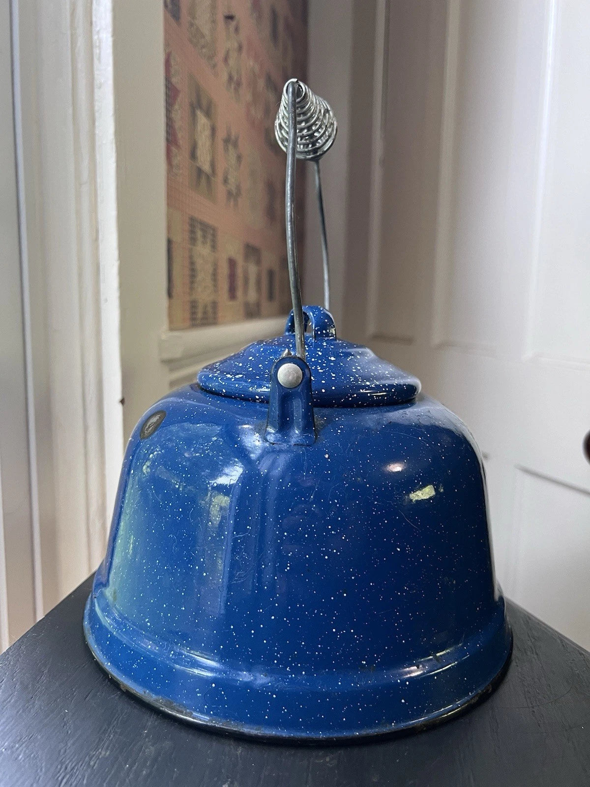 VTG Blue Enamel Teapot Kettle White Speckles Camping Outdoor Handle 8.25" Patina | eBay