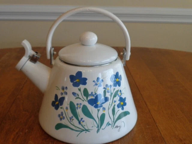 ENAMEL 2 ½ QUART WHISTLING TEA KETTLE FLOWERS SIGNED