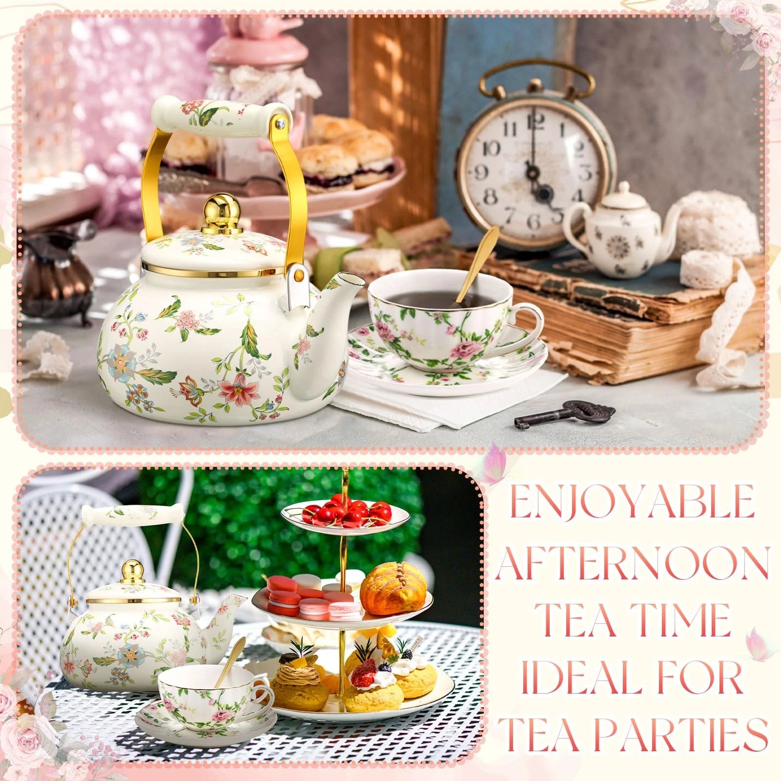 2.6 Quart Vintage Enamel Tea Kettle, Cups and Saucers Set with Spoon, Vintage...