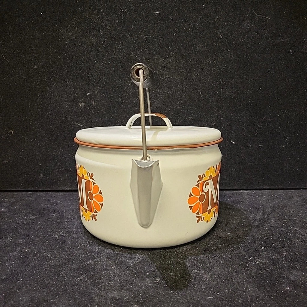 Vintage Enamelware White Teapot Tea Kettle MOM 70's Mother's Day Ideas