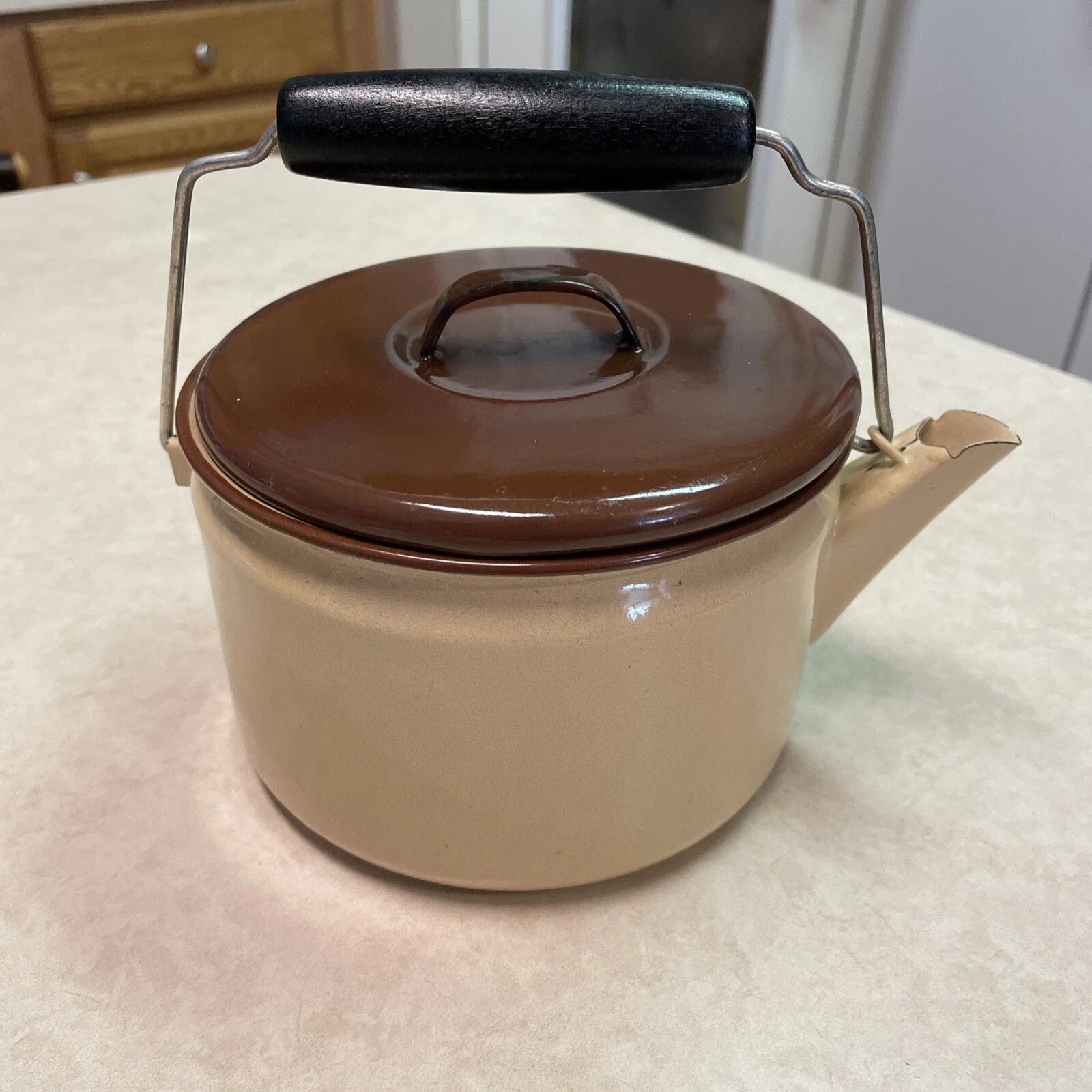 Vtg Beige Enamelware Teapot Kettle w/Brown Lid & Black Wooden Handle Rustic