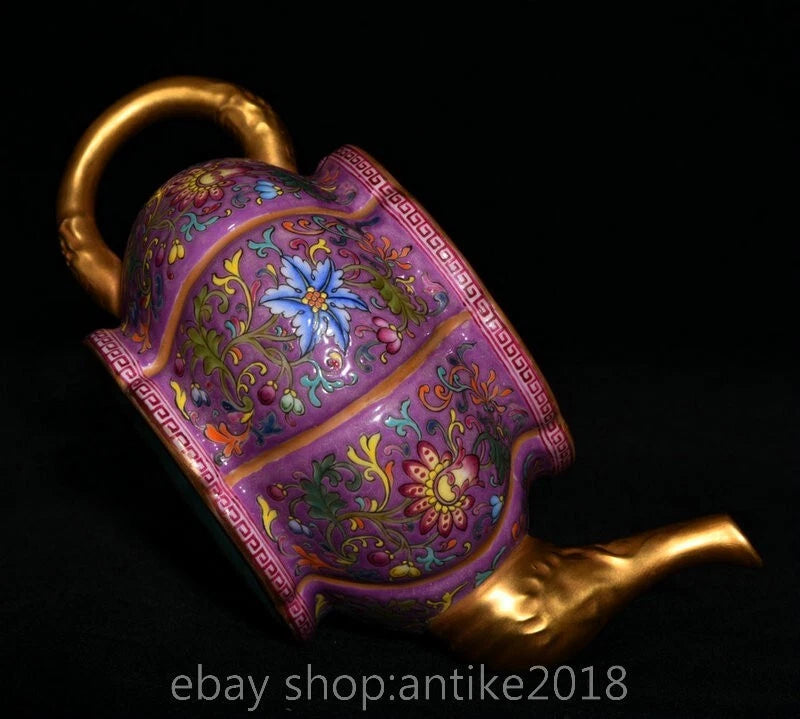 7.2 " Qianlong Marked China Colour Enamel Porcelain Gilt Dynasty Flower Teapot